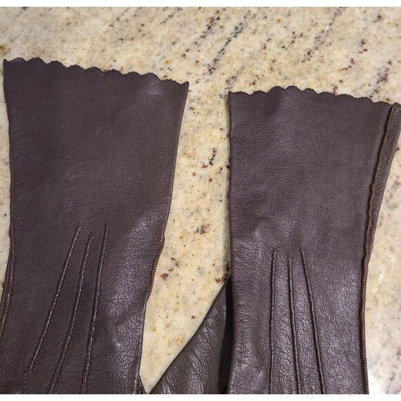 Vintage Size XS 5 3/4 Brown Soft Leather Formal 10" Long Gloves Scallop Edge - Picture 4 of 12